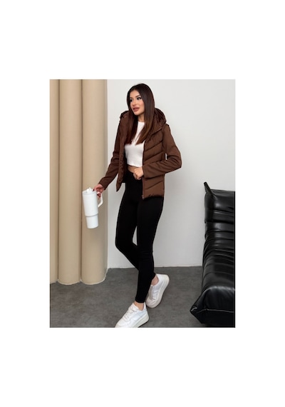 Asur Boutique Asur Butik Kadın Kapşonlu Micro Dolumlu Zr Model Mont Kahverengi