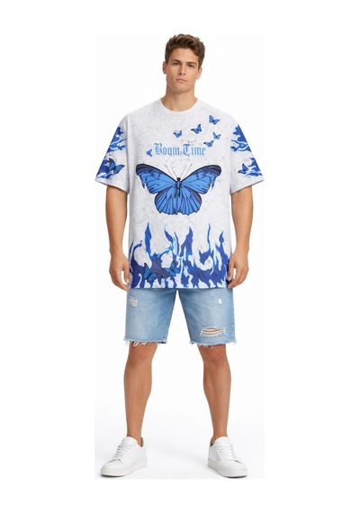 Barlashive Erkek Asit Yıkamalı Oversize Tişört Bisiklet Yaka Kısa Kol T-shirt - Beyaz Çok Renkli