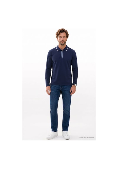 Tudors Erkek Slim Fit Dar Kesim %100 Pamuk Uzun Kollu Fermuarlı Lacivert Polo Yaka Tişört-52789