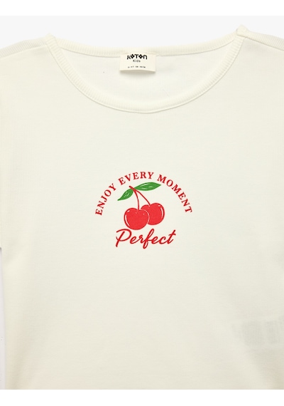 Koton Kısa Kollu Slim Fit Bisiklet Yaka Pamuklu Baskılı Crop Tişört Ekru 6skg10477ak