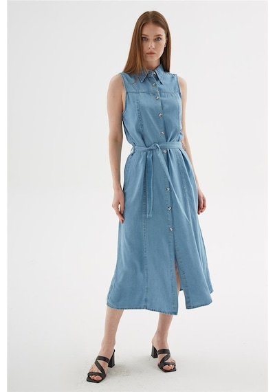 Fashion Friends Kadın Denim Gömlek Elbise 25y0384k1 Mavi
