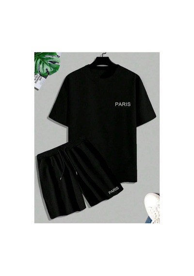Unisex Siyah Alt-üst Tshirt Şort Kombini Paris Baskılı Takım