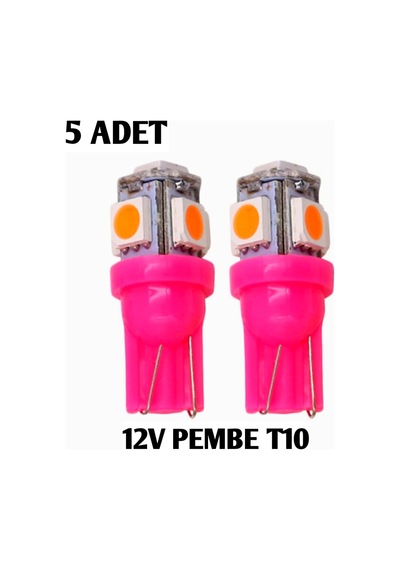 T10 Led 12V Pembe Renk 5 Ledli Park Plaka Tavan Led Ampül 5 Adet