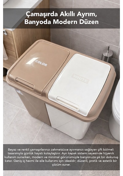 7'li Banyo Seti - 90 Lt Kirli Sepeti Latte Katlanabilir Çamaşır Sepeti Su Kovası Maşrapa File Krem