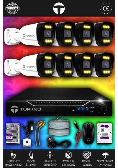 Turkno 8 Kameralı Ultia 8 Dış Kamera Set 1 TB 5 MP 2K Net Renkli Gece Görüşlü Güvenlik Kamerası Sistemi