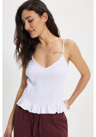 Tudors Kadın Slim Fit Dar Kesim %100 Pamuk Askılı Büzgülü V Yaka Beyaz Bluz-50369