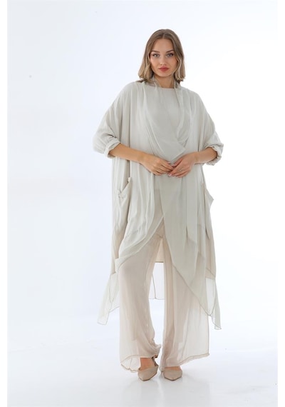 Bohem Stil Italyan Ipek Detaylı Oversize Kap Bluz- Wes Pantolon Takım-8789 Bej