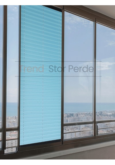 Mavi Plise Katlanır Cam Balkon Perdesi - Ofis Perdesi - Salon Perdesi - 142 Mavi