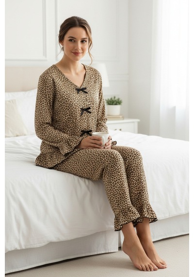 I-moda Kadın Uzun Kollu Leopar Desenli Fiyonklu Ev Giyim Pijama Takımı