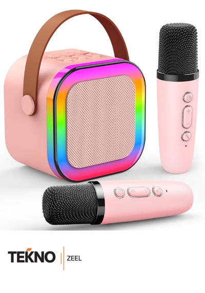Teknozeel Çift Mikrofonlu Karaoke 5 Ses Efektli Rgb Işıklı Bluetooth Kablosuz Hoparlör Pembe Renk Ses Bombası