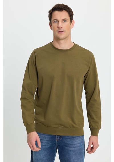 Tudors Erkek Relax Fit Rahat Kesim %100 Pamuk 2 İplik Bisiklet Yaka Haki Sweatshirt-41520 Haki