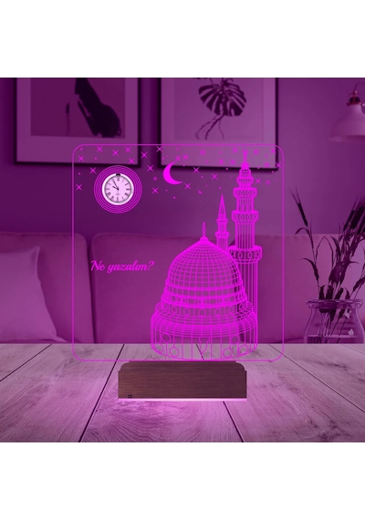 Luvivia Cami Tasarımlı Kişiye Özel Metal Saatli 3d Lamba - Masa Gece Lambası Şeffaf
