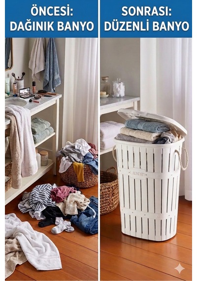 Kapaklı Kirli Çamaşır Sepeti 65 Lt Banyo Çamaşır Sepeti Kauçuk Kulplu Büyük Boy Çamaşır Sepeti Beyaz - 750463555 Beyaz