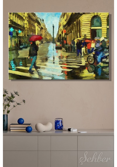Yatay Kanvas Tablo Tekli Ev Kafe Ofis Modern İzlenimci Tarzda Yağmurlu Bir Gün Paris Konulu 2715