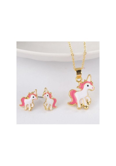 Unicorn Altın Gold Renkli Taşlı Kolye Ve Küpe Hediye Sade Şık Çocuk Takı Seti Çok Renkli