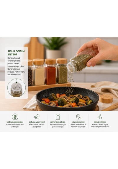 Bambu Kapaklı Cam Baharatlık Seti 12 Adet, Şeffaf Kare Baharat Kavanozu, Plastik Delikli İç Kapaklı Kontrollü Döküm Sistemi, 11x4x4 Cm Mutfak Düzenleyici Baharat Saklama Kabı Seti Çok Renkli