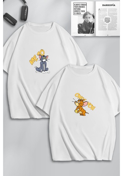 Unisex Kadın Erkek Tom Ve Jerry Only You Baskılı Sevgili Çift Kombini Tasarım Oversize Tshirt 2'li Beyaz Mck0108 Beyaz