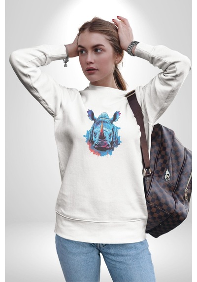 Su Aygırı Hipopotamo Renkli Unisex Beyaz Baskılı Sweatshirt Beyaz