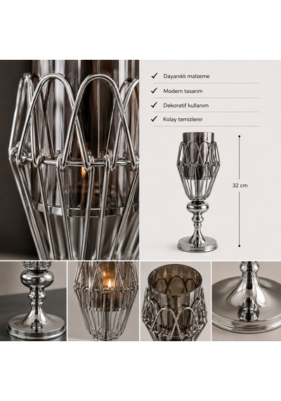 Füme Camlı Gümüş Dekoratif Şamdan Mumluk 32 Cm