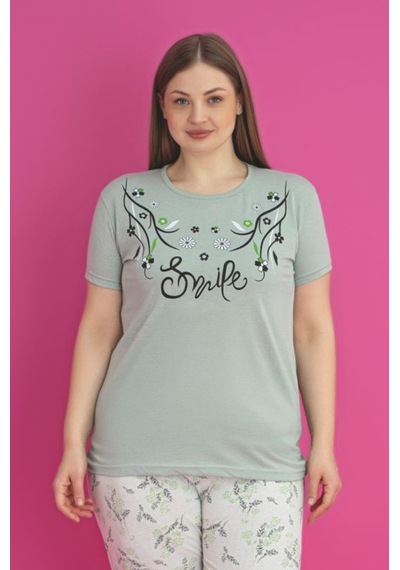Farya Home X-dreamy Büyük Beden Pamuklu Çiçekli Kısa Kollu Pijama Takımı Yeşil