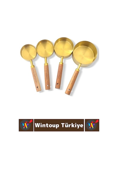 Pratik Mutfak Yemek Hazırlık Bakliyat Sıvı Ölçüm Estetik Gold Renk 4lü Ahşap Saplı Metal Ölçü Kaşığı Çok Renkli