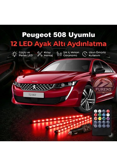 Peugeot 508 Uyumlu Rgb Ayak Altı Led 12 Led Kumandalı Müzik Duyarlı Araç İçi Aydınlatma 7 Renk 12v 1