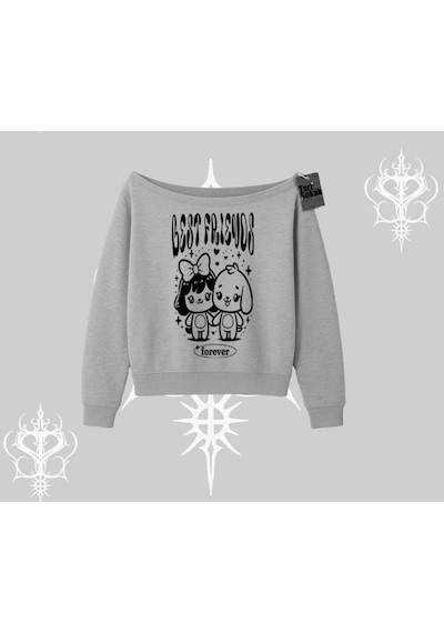 Startmore Kayık Yaka Sweatshirt Best Friends Forever Baskılı Sevimli Tasarım Gri