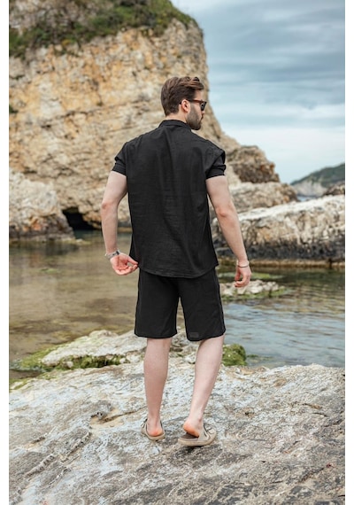 Madmext Siyah Keten Görünümlü Relax Fit Erkek Gömlek Şort Takım E7364