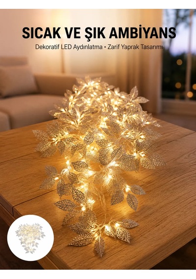 Gümüş Yaprak Tasarımlı Led Işık Pilli Ev Ve Vitrin Dekoru Renkli 03554600