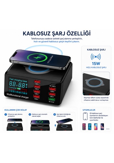 8 Portlu 7 Usb + Type-c Pd Çoklu Şarj İstasyonu Kablosuz + Kablolu Şarj Bir Arada