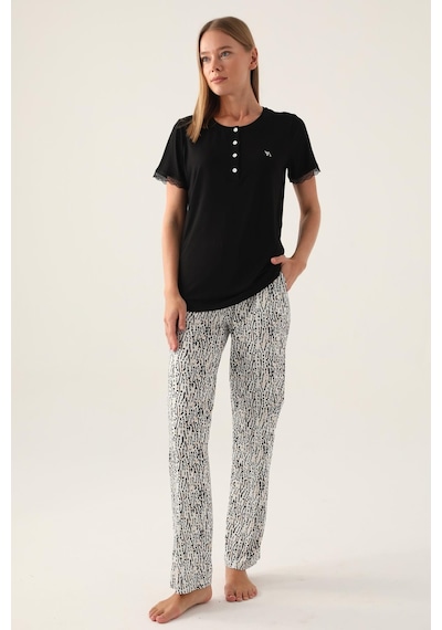 Pierre Cardin Arnetta 2898 Pamuklu Kısa Kollu Kadın Pijama Takımı Siyah Çok Renkli
