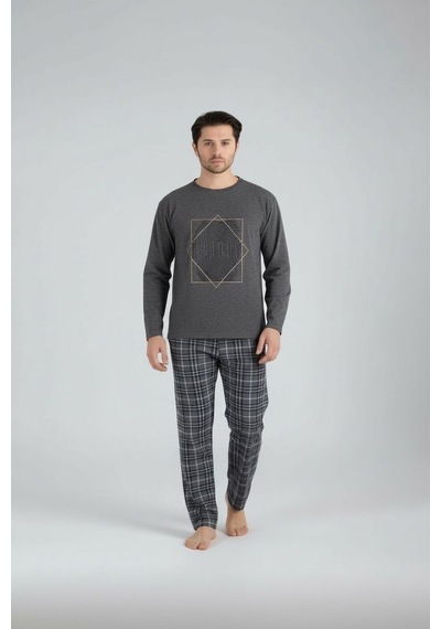 Lukitus Uzun Kol Sıfır Yaka Pamuklu Erkek Pijama Takımı Füme Vlknekose Füme