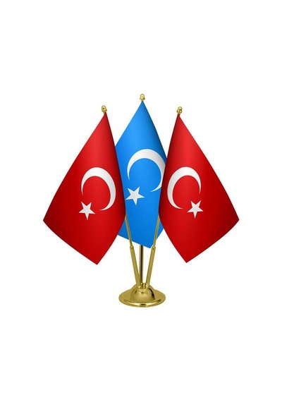 Masa Üstü Doğu Türkistan Bayrağı Türk Bayrağı Üçlü Pirinç Direk M