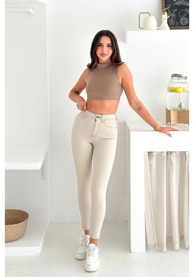 HLT Jeans Kadın Taş Renk Süper Skinny Fit Koyu İplik Detaylı Esnek Likralı Yüksek Bel Jean Kot Pan Jennie-2008 Krem