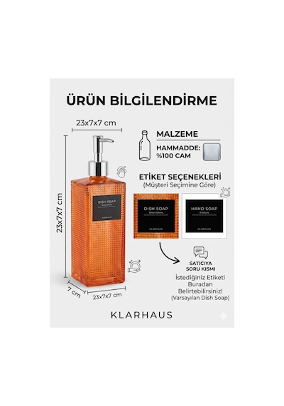 Premium Dokulu Cam Sıvı Sabunluk 500ml - 23 X 7 X 7 Cm Turuncu