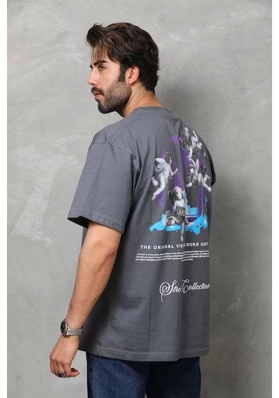 Unisex Bisiklet Yaka Baskılı Oversize T-shirt - Füme Füme