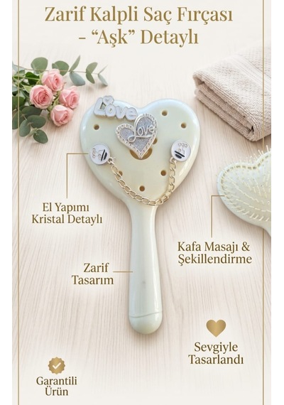 Saç Fırçası, Tarak, Zarif Kalp Tasarımlı Kristal Detaylı 777