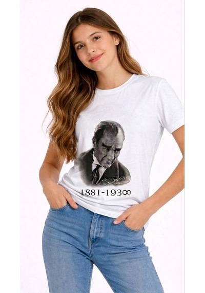 Barlashive Kız Çocuk Atatürk Baskılı Tişört Kısa Kollu Bisiklet Yaka T-shirt - Beyaz Çok Renkli