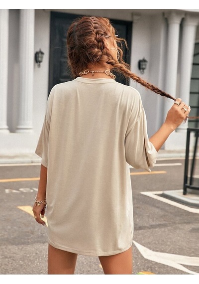 Unisex Bej Bisiklet Yaka Pamuk Oversize Boyfriend T-shirt Bej