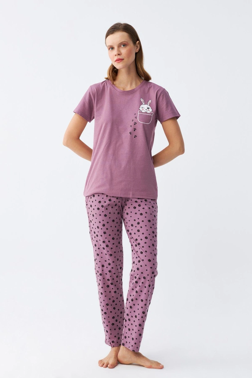 Akbeniz Kadın Mor Patili Tavşan Baskılı Cepli Pijama Takımı Mor