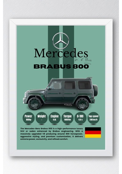 Mercedes Brabus 800 Premium Spor Araba Tablosu - Teknik Özellikli Otomobil Sever Duvar Dekoru Beyaz