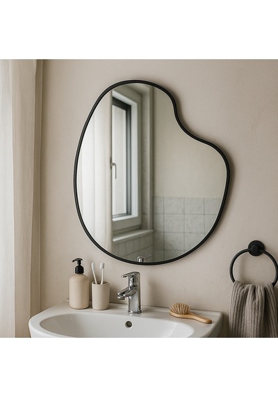 60x60 Cm Modern Asimetrik Organik Duvar Aynası Siyah Çerçeveli Siyah
