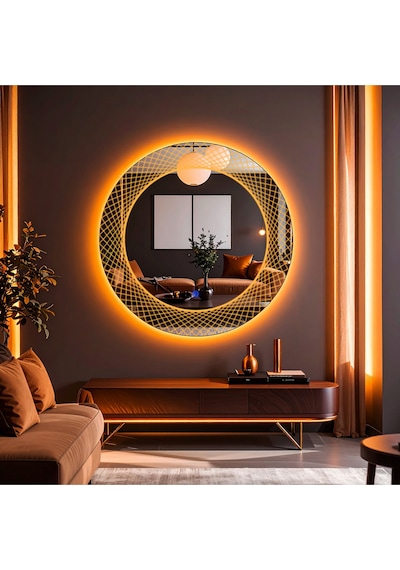 Trivon Amber Led'li Lazer Kumlamalı Lavabo & Banyo Aynası Dokunmatik Sensörlü 90 X 90 Turuncu