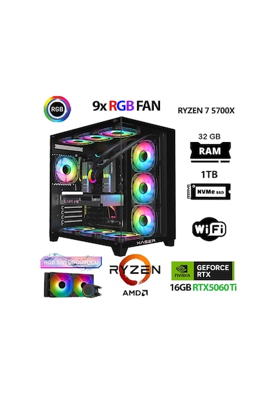 Xaser SOVAX40 R7-5700X 32 GB 1 TB M.2 NVMe SSD 16 GB RTX5060Ti Free Dos Masaüstü Oyuncu Bilgisayarı