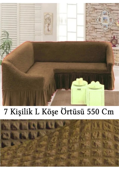 Upmall Bürümcük 7 Kişilik Köşe Koltuk, Kanepe Örtüsü, Koltuk Kılıfı, Lastikli, Etekli, L Köşe 550 Cm Kahve Kahverengi