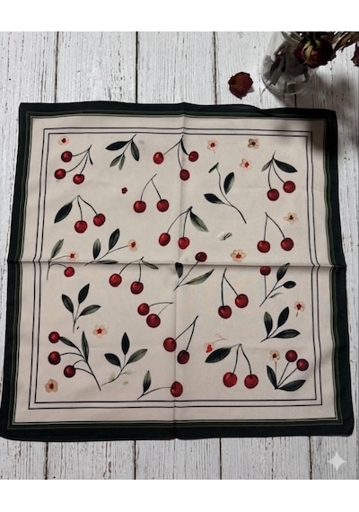 Trend Dokunuş Kadın 50-50 Saten Krem Kiraz Desenli Fular Bandana