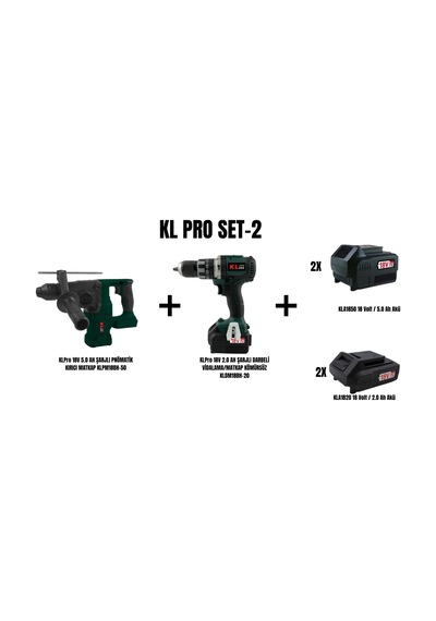Klpro Set-2 5.0AH Şarjlı Pnömatik Kırıcı Matkap + 2.0AH Şarjlı Darbeli Vidalama / Matkap Kömürsüz