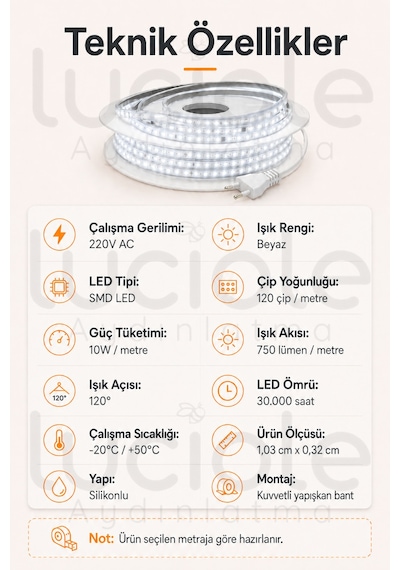 12 Metre 220v Beyaz Şerit Led Hazır Fişli Tak Çalıştır Silikonlu Yapışkanlı