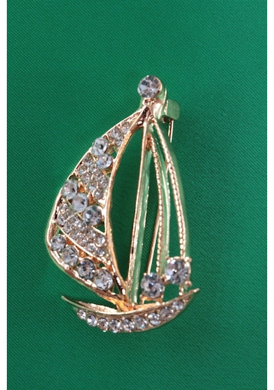 Özgürlüğün Rotası Yelkenli Broş Kristal Taşlı Gold Renkli Unisex Erkek Kadın Yaka İğnesi Gemi Çok renkli