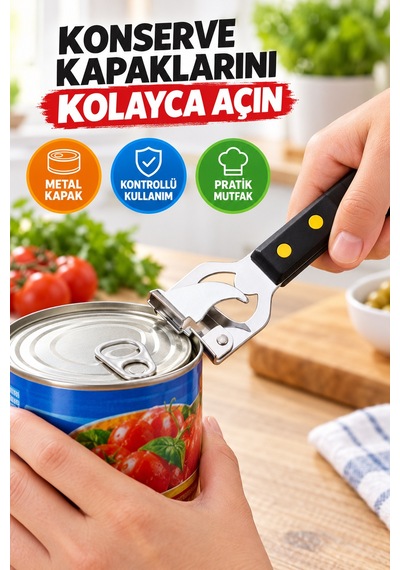 Metal Kavanoz Kapağı Ve Konserve Açacağı Siyah Saplı Çok Amaçlı Pratik Kapak Açıcı Gümüş